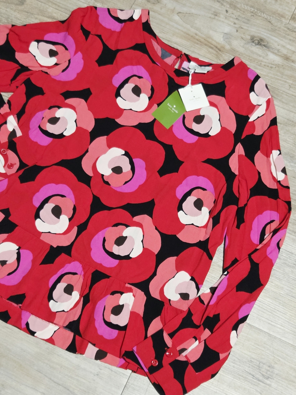 NWT Kate Spade New York Deco Rose Peplum Top Blouse Orient Red Floral 12